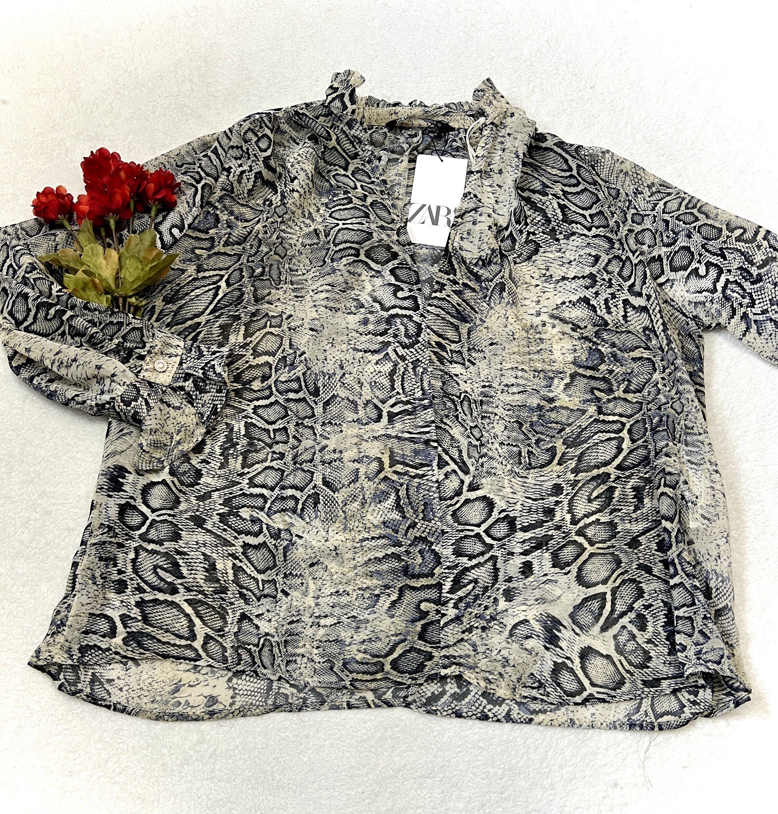 Zara NWT Sheer Python Animal Print V-Neck Blouse - XS