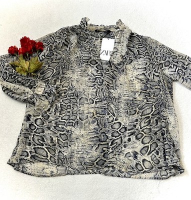 Zara NWT Sheer Python Animal Print V-Neck Blouse - XS
