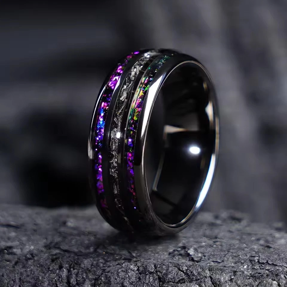 Anillo de galaxia meteorito arenisca azul banda negra de boda de carburo de tungsteno para hombre Foto 3 de 4