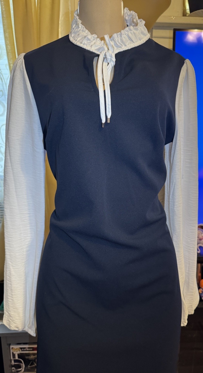 Tommy Hilfiger Navy White Long Sleeve Sheath Dress Ruffle Collar Tie Neck thumbnail 3