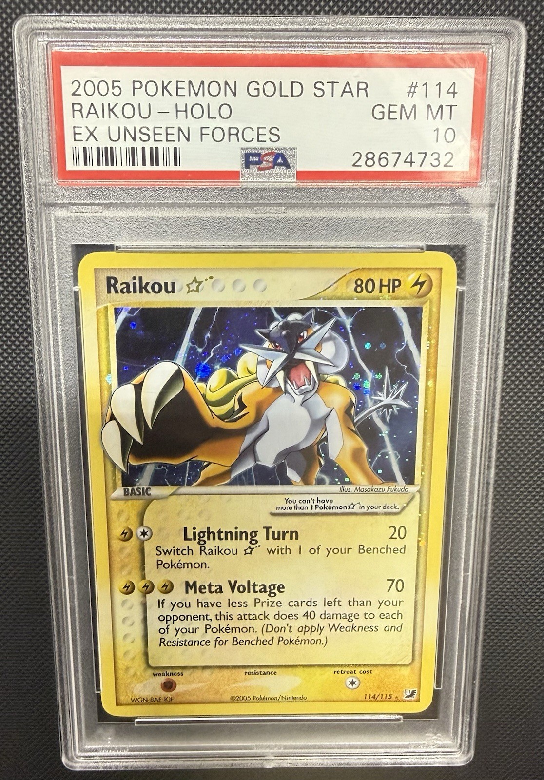 2005 POKEMON EX UNSEEN FORCES GOLD STAR #114 RAIKOU-HOLO PSA 10