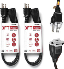 2-Pack 3Ft Black Extension Cord, 16/3 SJTW Heavy-Duty Power Cable, UL Listed, We