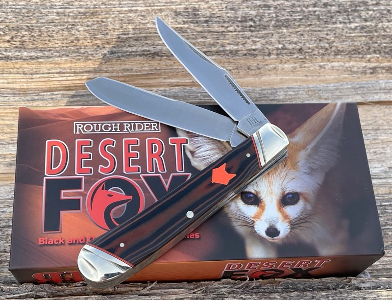 ROUGH RIDER BLACK AND ORANGE MICARTA HANDLES DESERT FOX TRAPPER KNIFE KNIVES