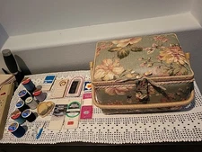 Floral Rectanglar Vintage Fabric Sewing Basket Handle Crafts Storage Collectible