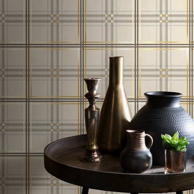 Creme Tartan Karo Tapete Gold Metallic Schimmer Glatte Oberfläche Funktion Lounge