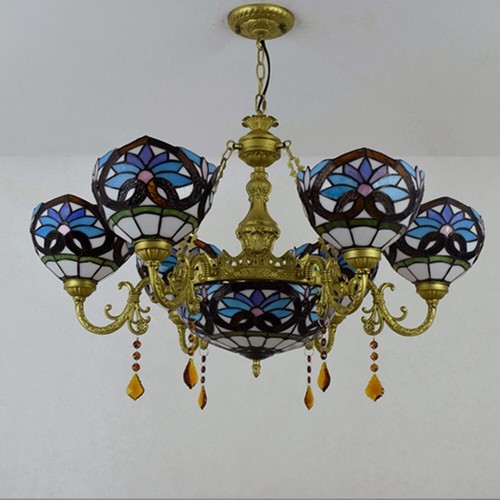 Tiffany Chandelier Pendant Light 7 Heads Dome Shade Glass Hanging Ceiling Lamp - Picture 6 of 14