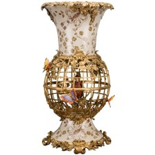 PORCELAIN & BRONZE ORMOLU BIRD CAGE BUTTERFLY VASE WITH SWINGABLE PARROT-26''H