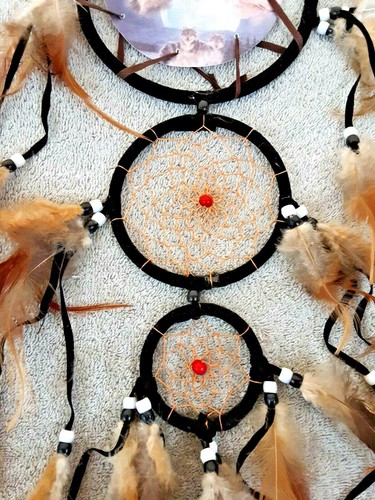 Vintage Wolf Dreamcatcher 6" Wide x 14" Long Leather Feathers Beads Hand Crafted - Picture 3 of 5