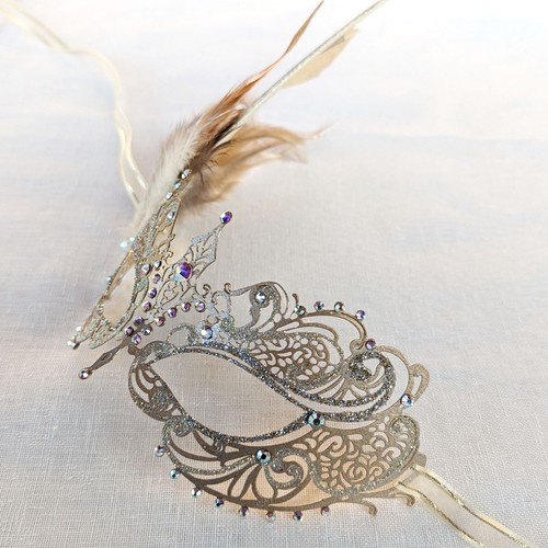 Champagne Metal Masquerade Mask w/ Feathers & Crystals Handmade Wedding Masque - Picture 6 of 10