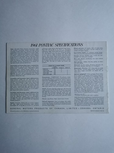 1961 CANADIAN PONTIAC SALES BROCHURE RARE STANDARD SIZED ORIGINAL , NEAR NOS!! - Picture 7 of 8