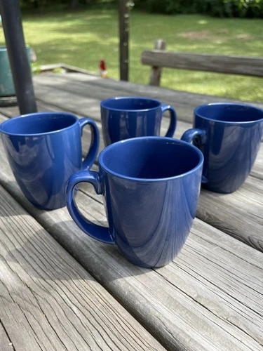 Set of 4 - Vintage CORELLE Stoneware Dark Blue Coffee Mugs Cups 12oz. 