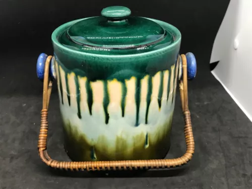 Vintage Czech Hand Painted Erphila Art Pottery Jar Drip Glaze Woven Handle