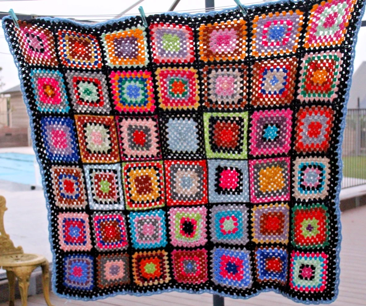 Crochet Knit Light Wool Rug 145 x 125 cm Handmade Retro Rainbow Squares 600-gram