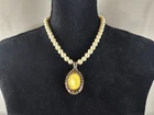 Vtg George Faux Pearl Pendant Necklace Silver Tone Yellow Womens Costume Jewelry