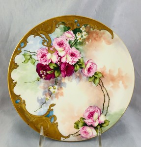 Antique T&V Limoges Porcelain Hand Painted Roses Artist Signed Leroy Plate