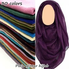 Womens Female Glitter Maxi Hijab Plain Color Scarf Shimmer Shawls Muslim Wraps