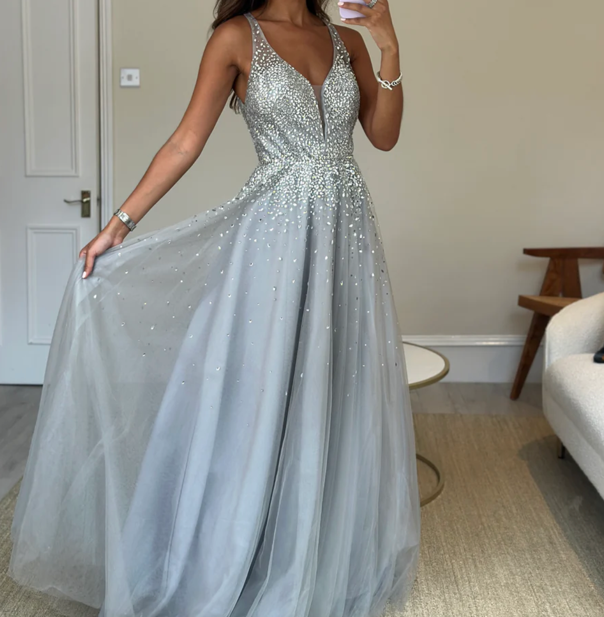 Jovani Dove Grey Embellished Tulle Gown US (UK 6) Designer