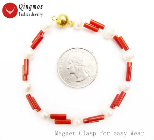 Pulsera de coral rojo natural columna 3*9 mm para mujer y perla blanca 2 hilos 7,5"" - Imagen 3 de 10