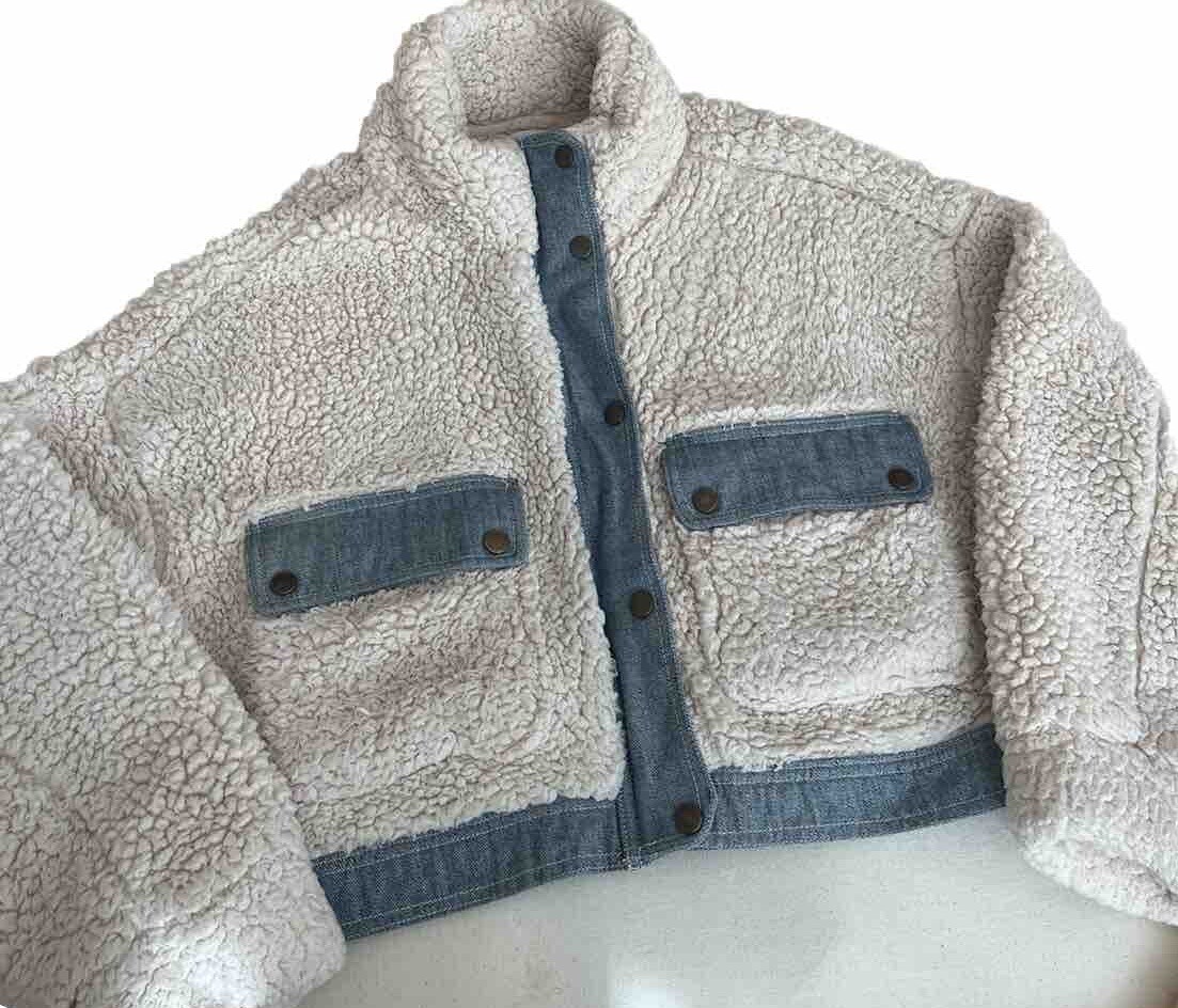 ✨ Urban Outfitters Sherpa Teddy Fleece Denim Jacket Coat Cropped