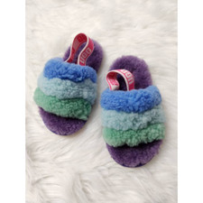 UGG Girls Fluff Yeah Slide Slipper Multi-Color Back Strap Fur Trim Slip On 8