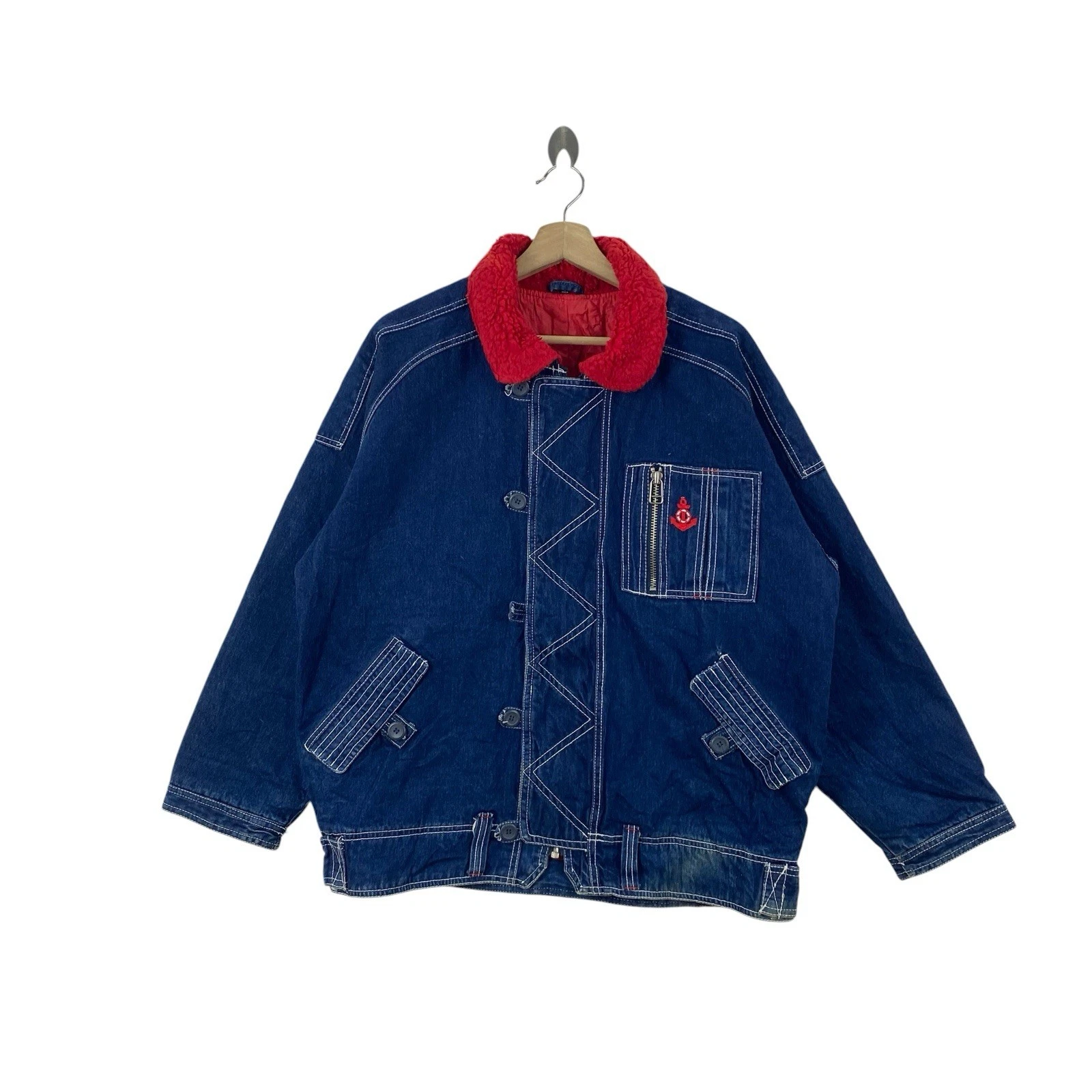 Vintage INDIGO DENIM Workwear Jacket Boa Collar Quilted Lining