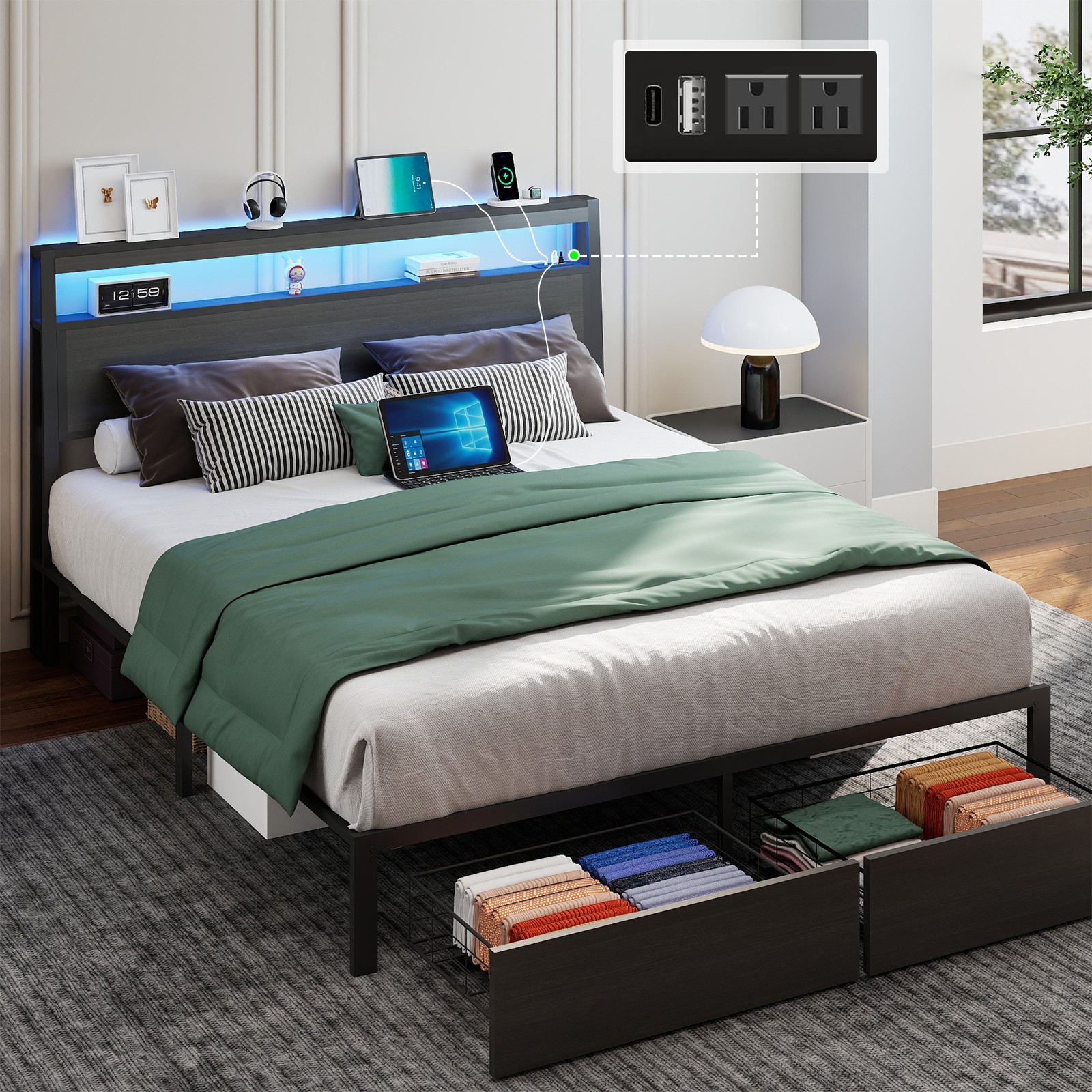 With 2 Storage Drawers ＆charging,led