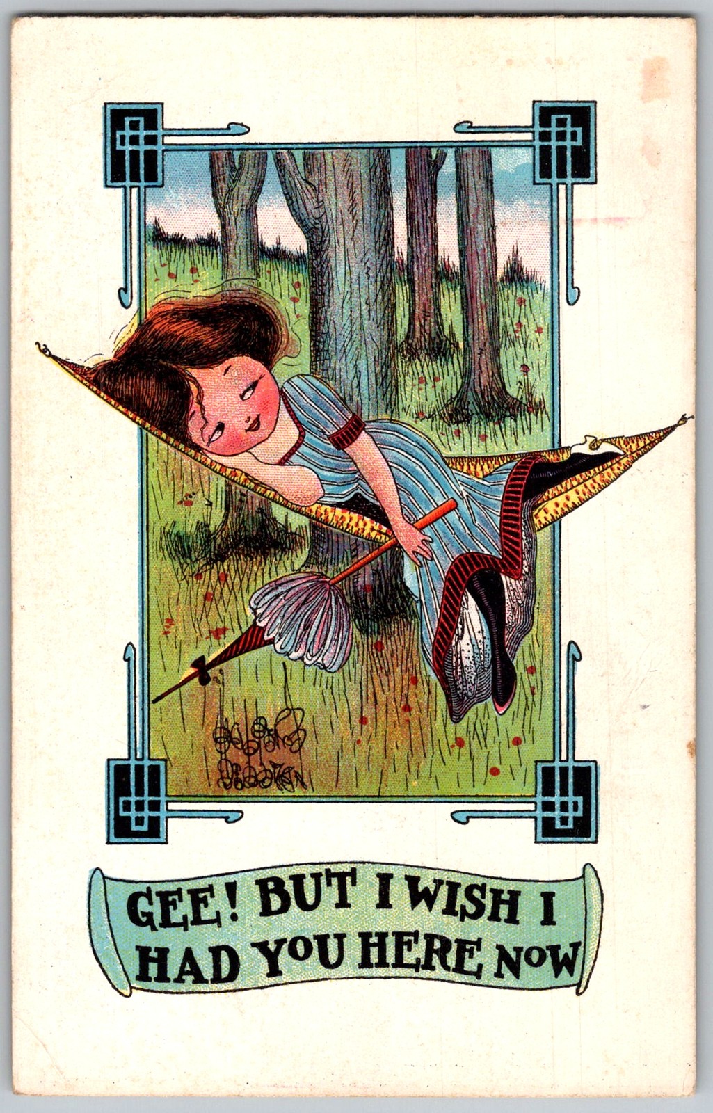 Antique Postcard Girl Hammock Fillmore, NY 1910s
