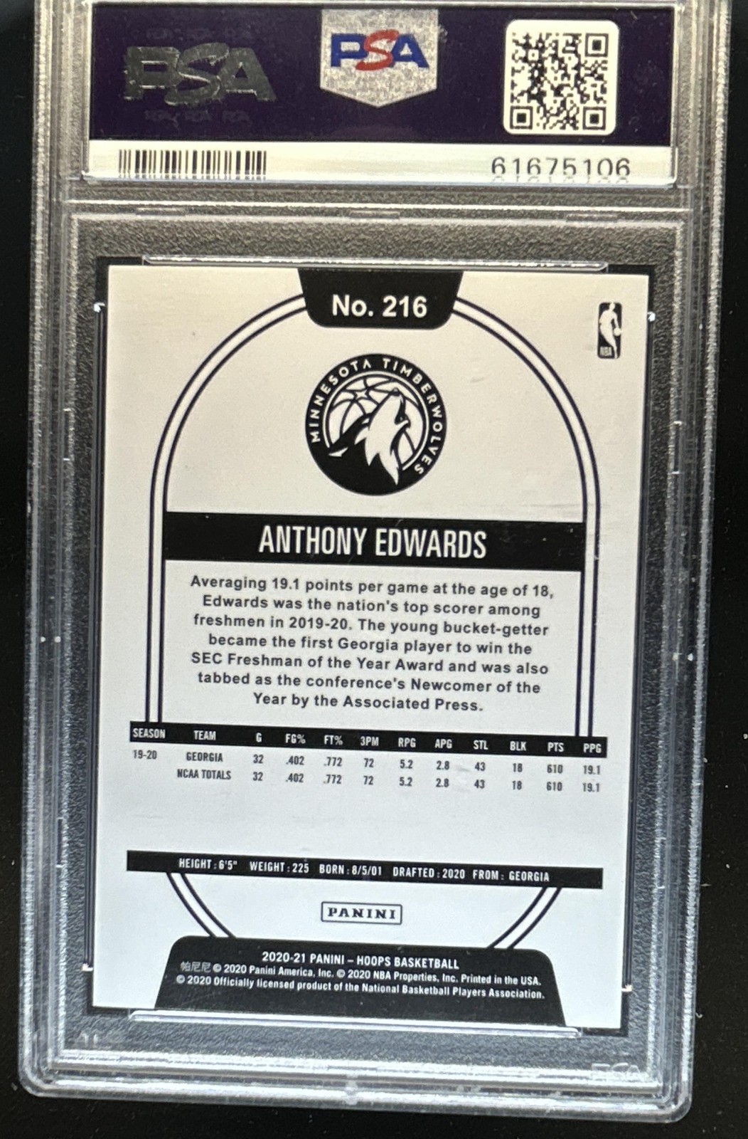 2020-21 Panini Hoops Anthony Edwards Rookie RC #216 Timberwolves PSA 9 view 2