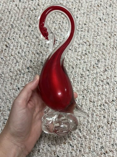 Vintage Mid Century MURANO Venetian Art Glass DUCK FIGURINE 8" tall Red Orange