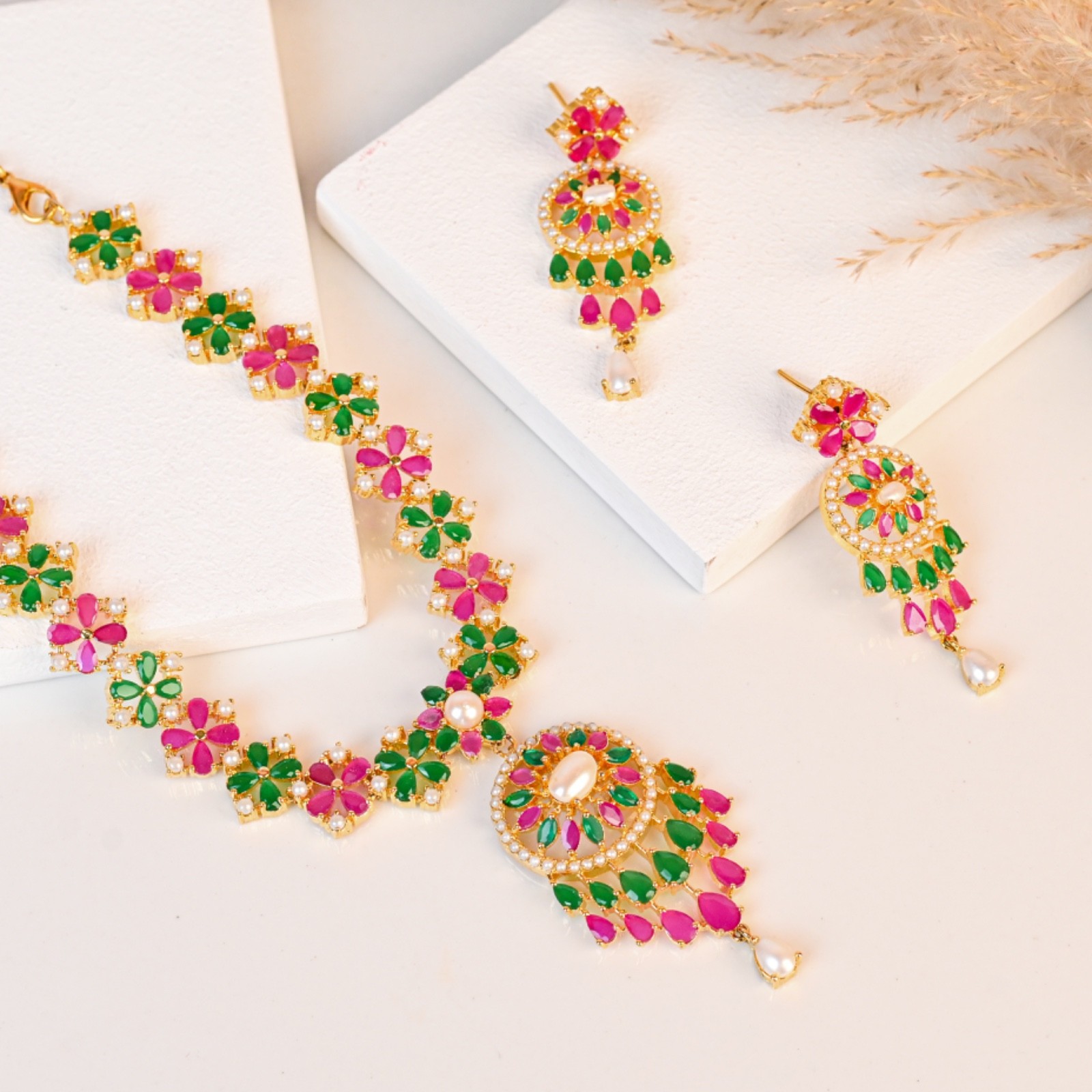 Ruby Emerald Pearl Necklace Set | Gold Plated Indian Jewelry | Handmade Jewelry