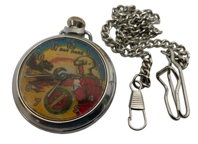 Vintage 1953 The Eagles Dan Dare Neuheit Taschenuhr mit Taschenkette - funktioniert