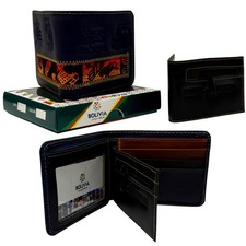 Cartera boliviana de cuero plegable hecha a mano con textil Aguayo y arte andino