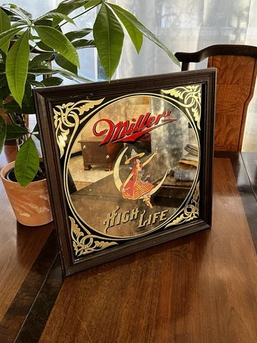 Vintage Miller High Life - Girl Witch on the Moon - Beer Mirror Bar Sign 14” SQ.