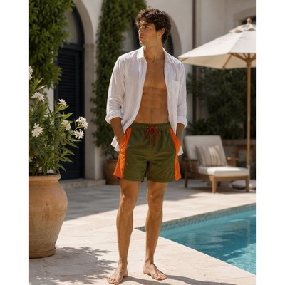 Moschino Mens Olive Green Orange Colorblock Swim Trunks Size US 30 Made Italy