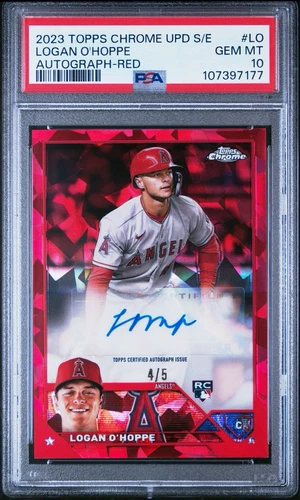 Logan O’hoppe Topps Chrome Update Sapphire Auto Red /5 PSA 10