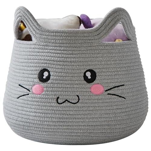  Animal Cat Basket, Cute Cotton Rope Woven Large Grey 2 Grey Cat Open Eyes