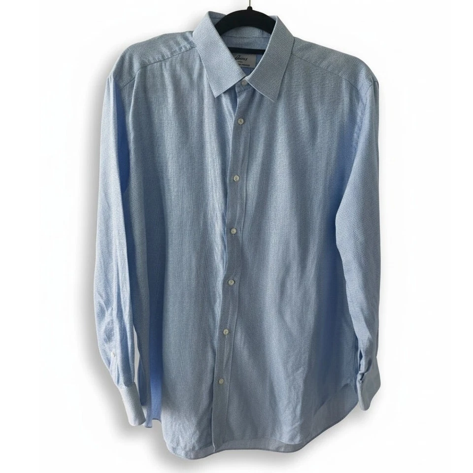 Camisa de Vestir Brioni Neiman Marcus 16 R Italia Azul Micro Cuadros Algodón Lujo Foto 2 de 4
