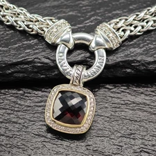 David Yurman 18K Gold Bezel Albion Garnet Diamond Sterling Silver Necklace