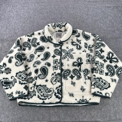 Paisley Fleece Jacket Mens XL White Sherpa Lined Full Zip Bomber Bandana Print