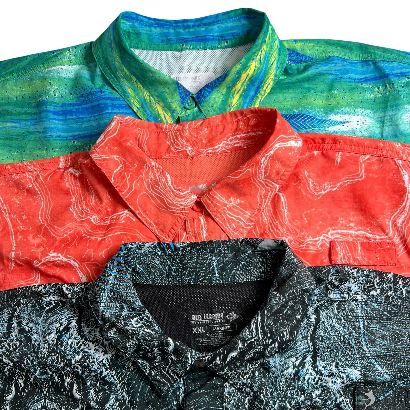 Bundle Of 3 Reel Legends Mens XXL Polyester Short Sleeve Button Up Fishing Shirt