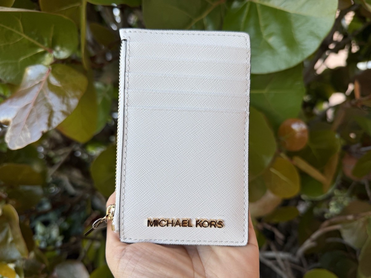 Michael Kors Jet Set Travel Top Zip Card Case Wallet Optic White