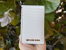 Michael Kors Jet Set Travel Top Zip Card Case Wallet Optic White/Gold