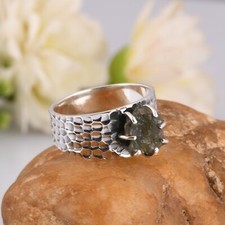 Authentic Raw Moldavite Sterling Silver Hammered Band Ring Healing Gemstone Ring
