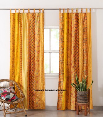 2 PCS Indian Sari Patchwork Curtain Drape Window Decor Yellow Silk Sari Curtain