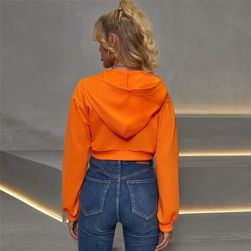 Neon Orange Crop Hoodie Streetwear Casual Zip Up Long Sleeve Hood