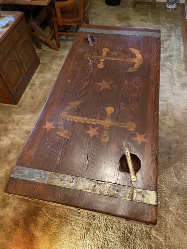 Antique Liberty Ship Hatch Cover Dining Table- 65"x29” Nautical Wood Inlay - Picture 2 of 10