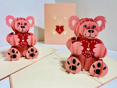 ORIGAMI POP CARDS Pink Teddy Bear 3D Pop Up Greeting Card Happy Mother's Day I LOVE YOU Mum Love