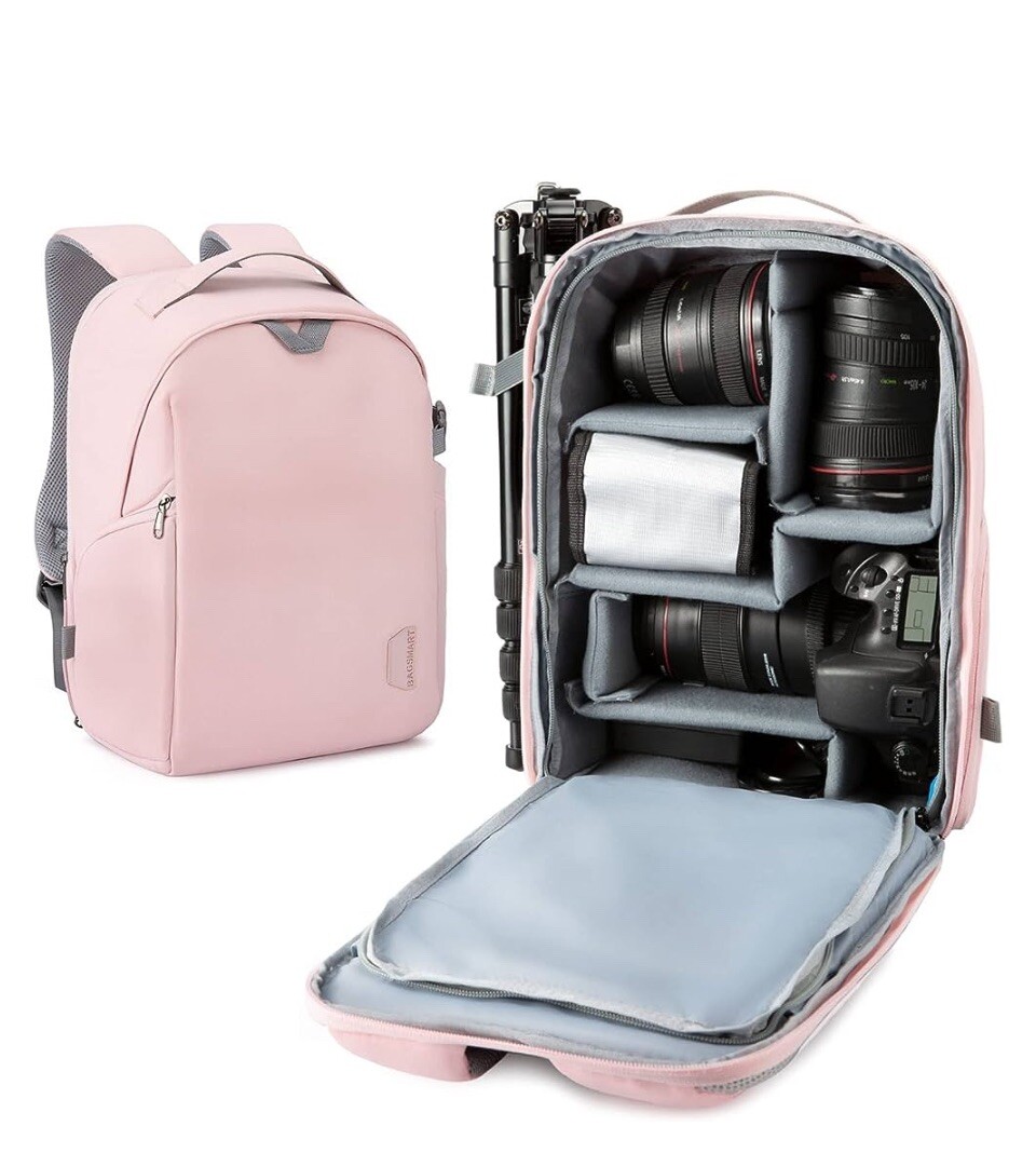 BAGSMART Camera Backpack Pink Rain Cover Tripod Holder Padded Case Child Woman