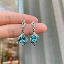 14k White Gold Plated 3Ct Oval Cut Lab-Created Blue Topaz Drop/Dangle Earrings