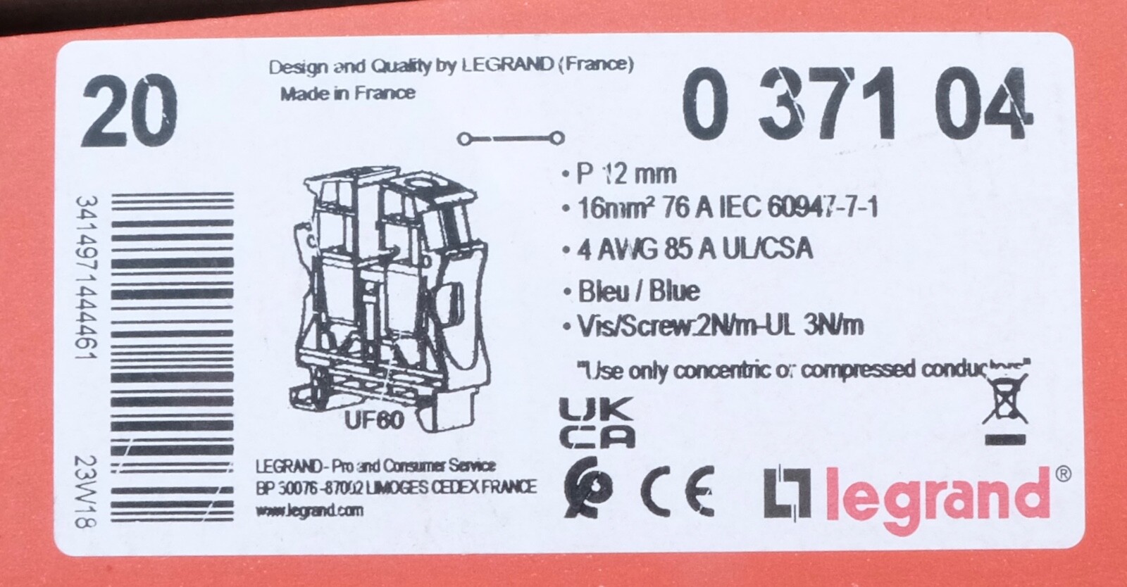 Bloc jonction Viking 3 Legrand 037104 bleu section 16mm2 pour tableau électrique - lot de 20 pcs